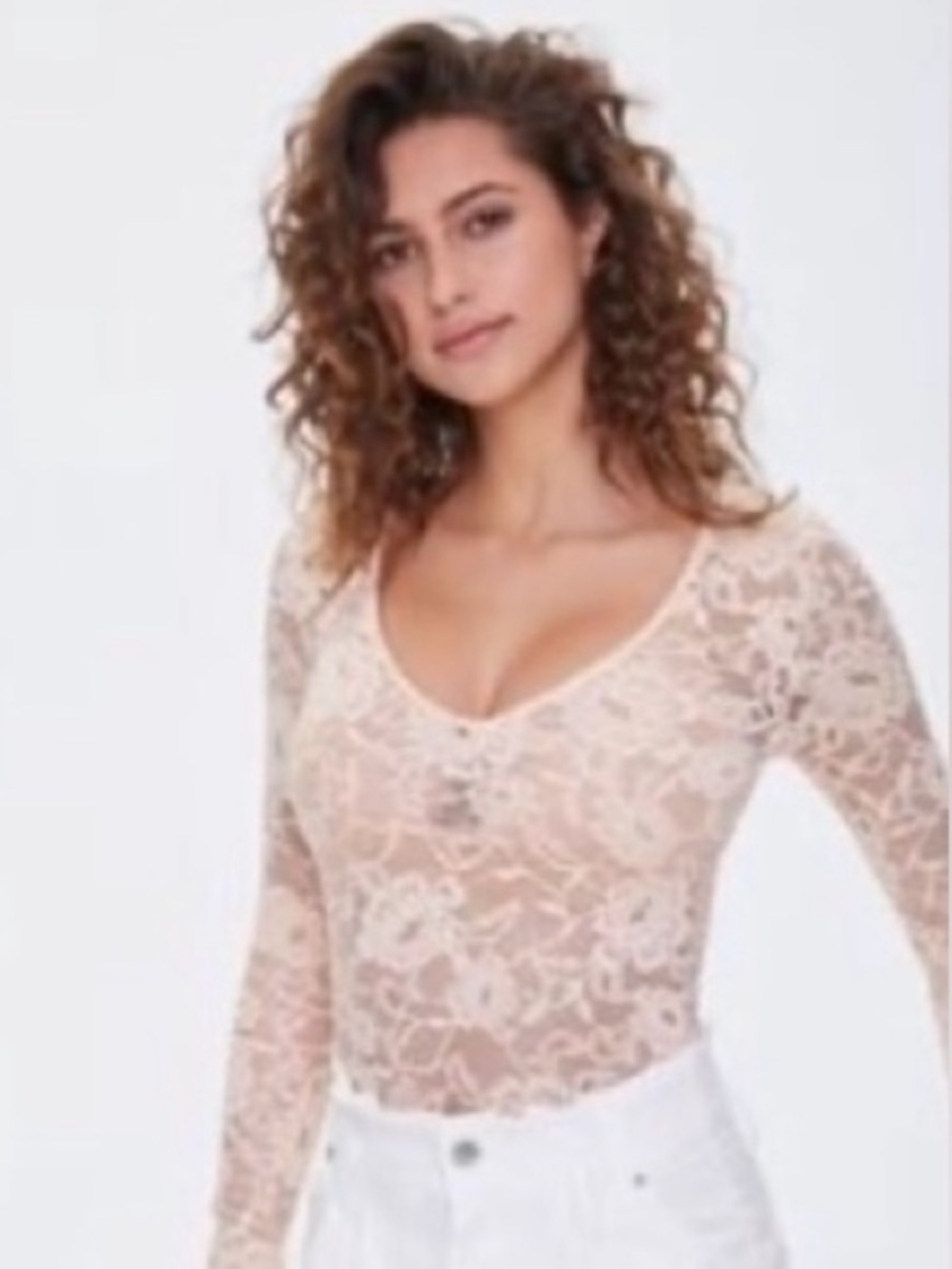 NWT Forever 21 Nude/ Cream/ Light Peach Sheer Floral Lace V-Neck Bodysuit